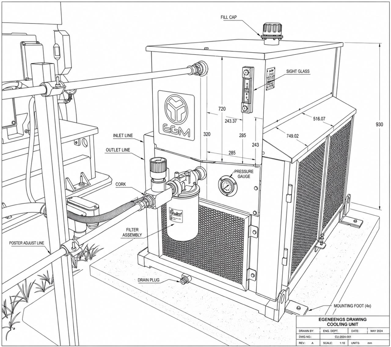Dibujo técnico de unidad industrial para fabricación personalizada