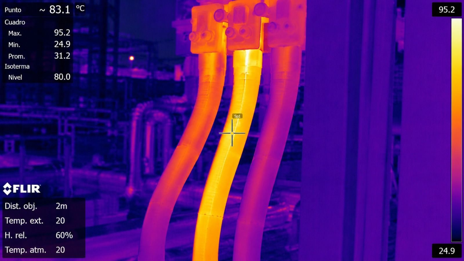 Termografía industrial real de cables eléctricos con lectura de temperatura FLIR
